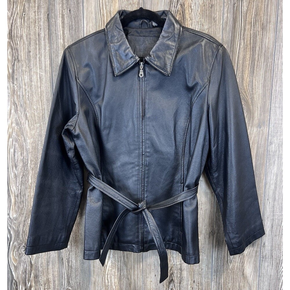 VTG 90s Jacqueline Ferrar JF Black Leather Coat Jacket Womens PL Edgy Moto Biker